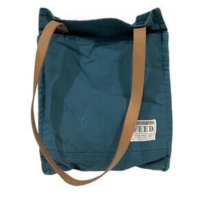 FEED Project Canvas Market Tote Shoulder Bag Blue with Leather Straps